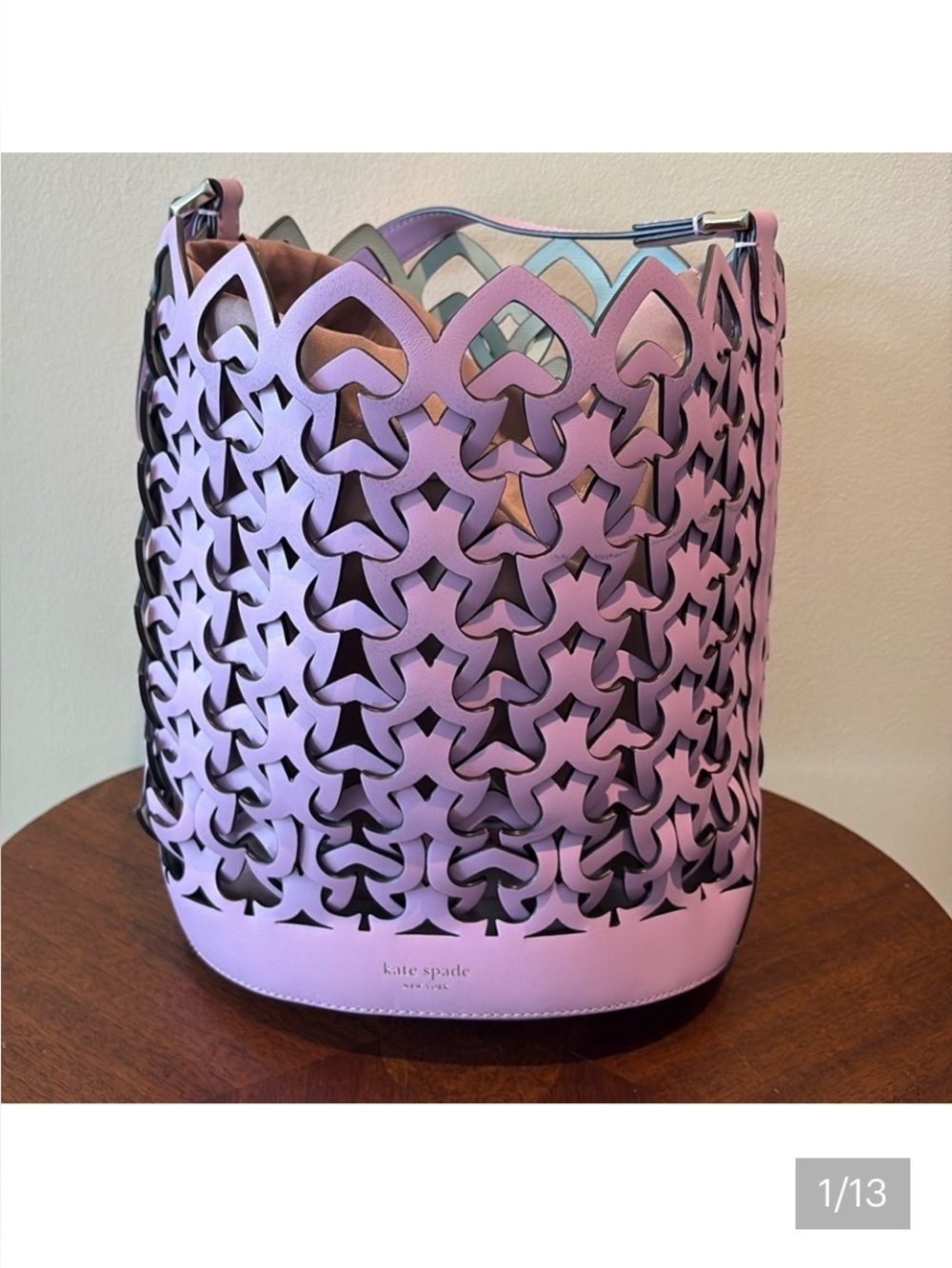 Kate Spade. Leather lace shoulder bag. Easter basket. Violet/off-white cut out